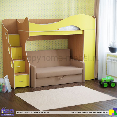 ДВУХЪЯРУСНАЯ КРОВАТЬ С ДИВАНОМ BAMBINI DIVANNO 28.2 (КОРПУС - БУК БАВАРИЯ 1511) + 28.1 SUITE (ТКАНЬ -Camaro 42)