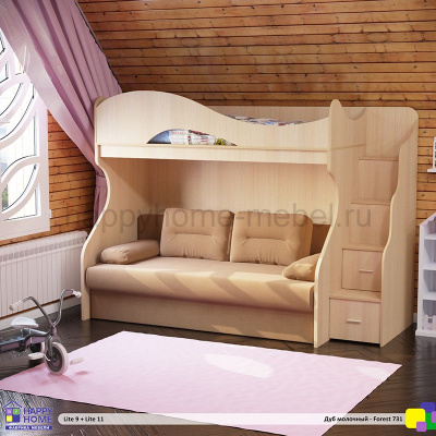 ДВУХЪЯРУСНАЯ КРОВАТЬ С ДИВАНОМ HAPPY KIDS LITE 9 + LITE 11 (ДУБ МОЛОЧНЫЙ +Camaro 42)