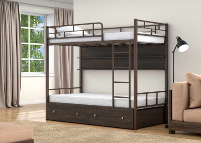 ДВУХЪЯРУСНАЯ МЕТАЛЛИЧЕСКАЯ КРОВАТЬ ВАЛЕНСИЯ 190X90 С ПОЛКАМИ И ЯЩИКАМИ