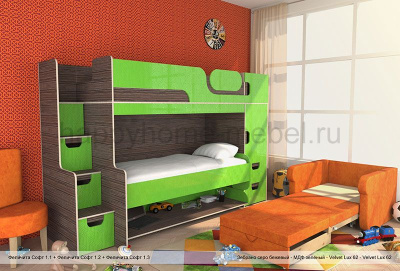 ДВУХЪЯРУСНАЯ КРОВАТЬ-СТОЛ (ТРАНСФОРМЕР) FELICITA SOFT 1 TEXTILE С ДИВАНОМ И СТУЛОМ