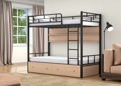 ДВУХЪЯРУСНАЯ МЕТАЛЛИЧЕСКАЯ КРОВАТЬ ВАЛЕНСИЯ 190X90 С ПОЛКАМИ И ЯЩИКАМИ