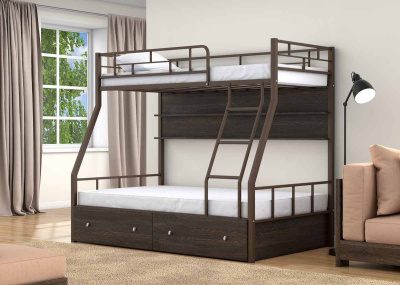 ДВУХЪЯРУСНАЯ МЕТАЛЛИЧЕСКАЯ КРОВАТЬ РАУТА С ПОЛКАМИ И ЯЩИКАМИ