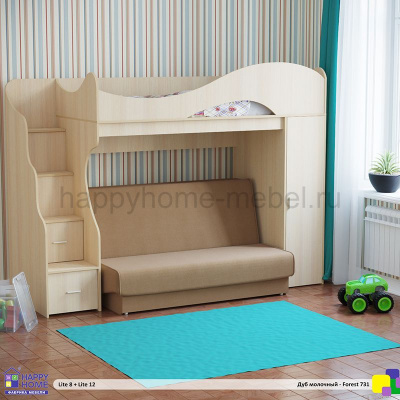 ДВУХЪЯРУСНАЯ КРОВАТЬ С ДИВАНОМ HAPPY KIDS LITE 8 + LITE 12 (ДУБ МОЛОЧНЫЙ +Camaro 42)