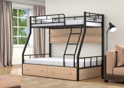 ДВУХЪЯРУСНАЯ МЕТАЛЛИЧЕСКАЯ КРОВАТЬ РАУТА С ПОЛКАМИ И ЯЩИКАМИ
