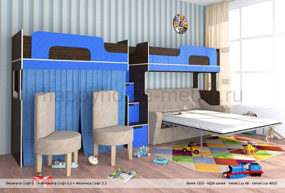 КОМПЛЕКС ИЗ ЧЕРДАКОВ С ДИВАНОМ И РАБОЧИМ МЕСТОМ ВНИЗУ FELICITA SOFT 5 STANDARD СО СТУЛЬЯМИ И ТЕКСТИЛЕМ