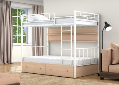 ДВУХЪЯРУСНАЯ МЕТАЛЛИЧЕСКАЯ КРОВАТЬ ВАЛЕНСИЯ 120 С ПОЛКАМИ И ЯЩИКАМИ