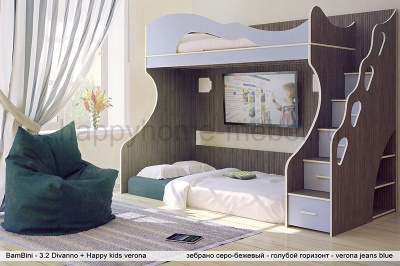 ДВУХЪЯРУСНАЯ КРОВАТЬ BAMBINI DIVANNO 3.2 + МАТРАС В ЧЕХЛЕ VELVET LUX + КРЕСЛО-ПУФ VELVET LUX