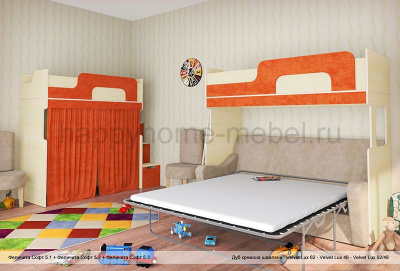 КОМПЛЕКС ИЗ ЧЕРДАКОВ С ДИВАНОМ И РАБОЧИМ МЕСТОМ ВНИЗУ FELICITA SOFT 5 STANDARD СО СТУЛЬЯМИ И ТЕКСТИЛЕМ