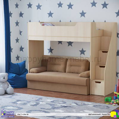 ДВУХЪЯРУСНАЯ КРОВАТЬ С ДИВАНОМ HAPPY KIDS LITE 7 + LITE 10 (ДУБ МОЛОЧНЫЙ + Camaro 42)