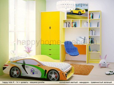 СТЕНКА С РАБОЧЕЙ ЗОНОЙ HAPPY KIDS K-14 + КРОВАТЬ-МАШИНА PORSCHE GT